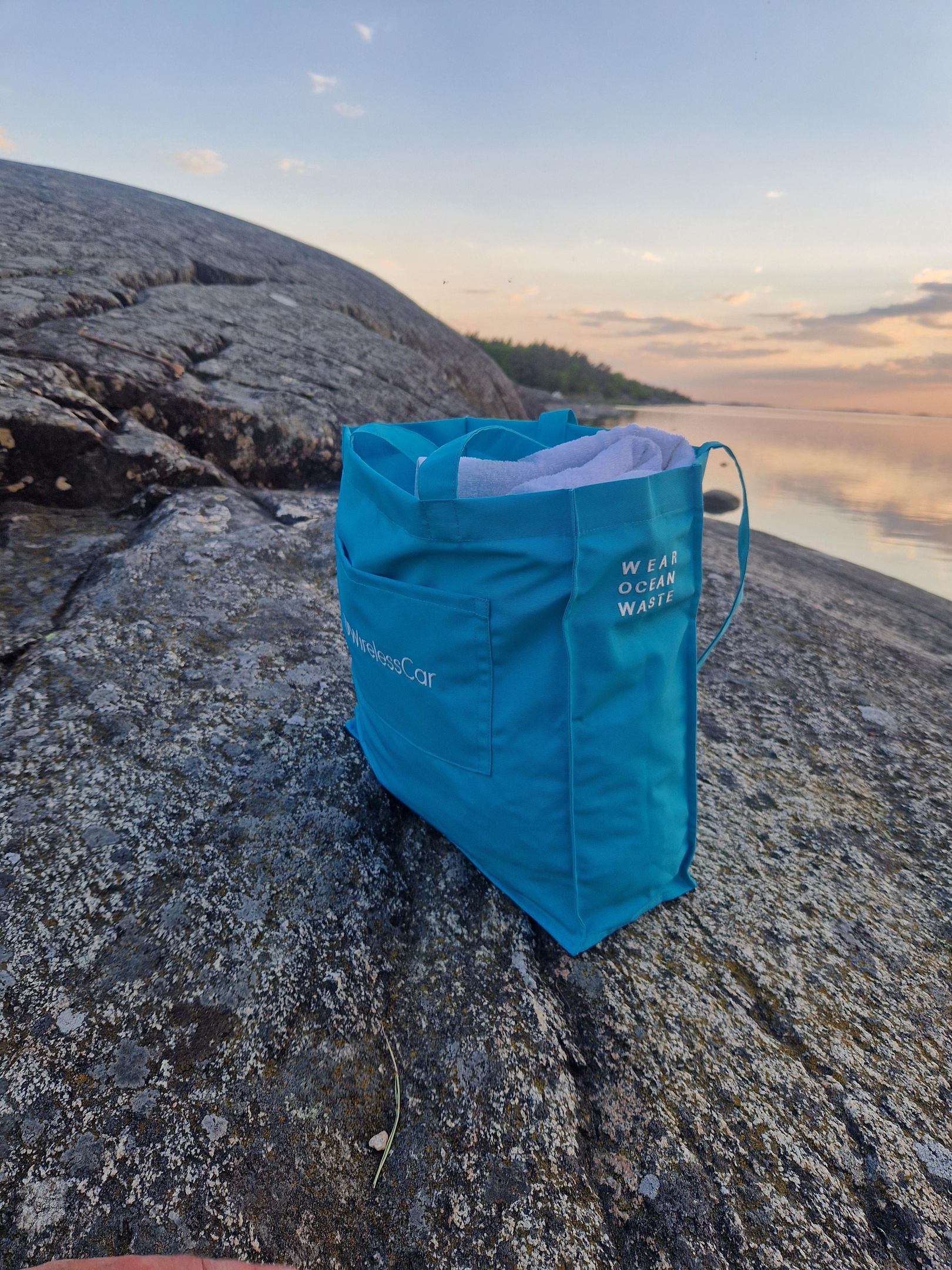 Tote bag produced for WirelessCar using OceanWaste recycled PET in Portugal.